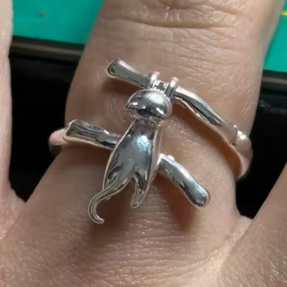 925 Silver Kitty Cat hanging from Branch Ring Sz 8